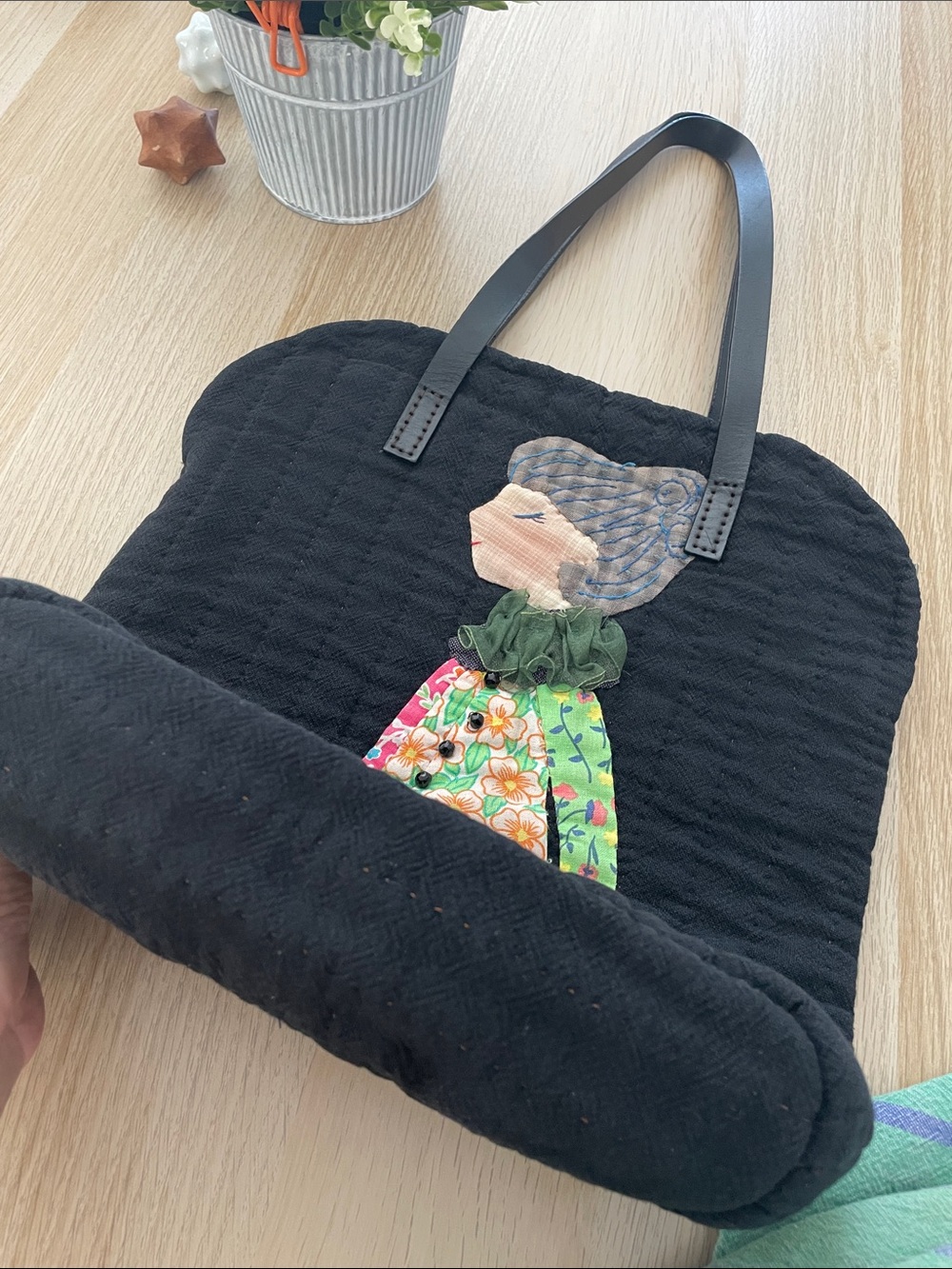 One-of-a-Kind Quilted Tote with Colorful Floral Doll Appliqué